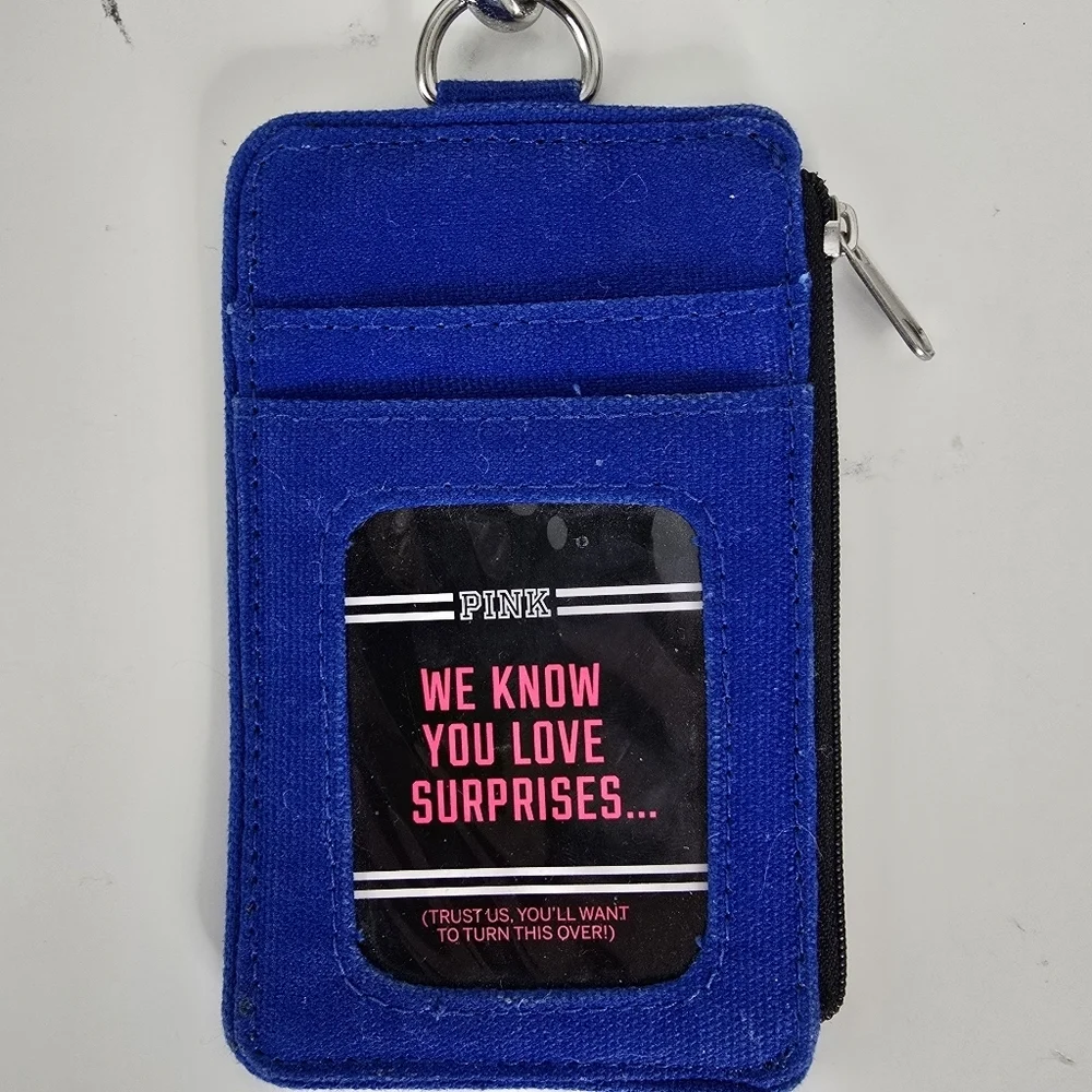 New Victoria's Secret PINK Y2K Lanyard ID Holder/ Mini Wallet Blue White Logo